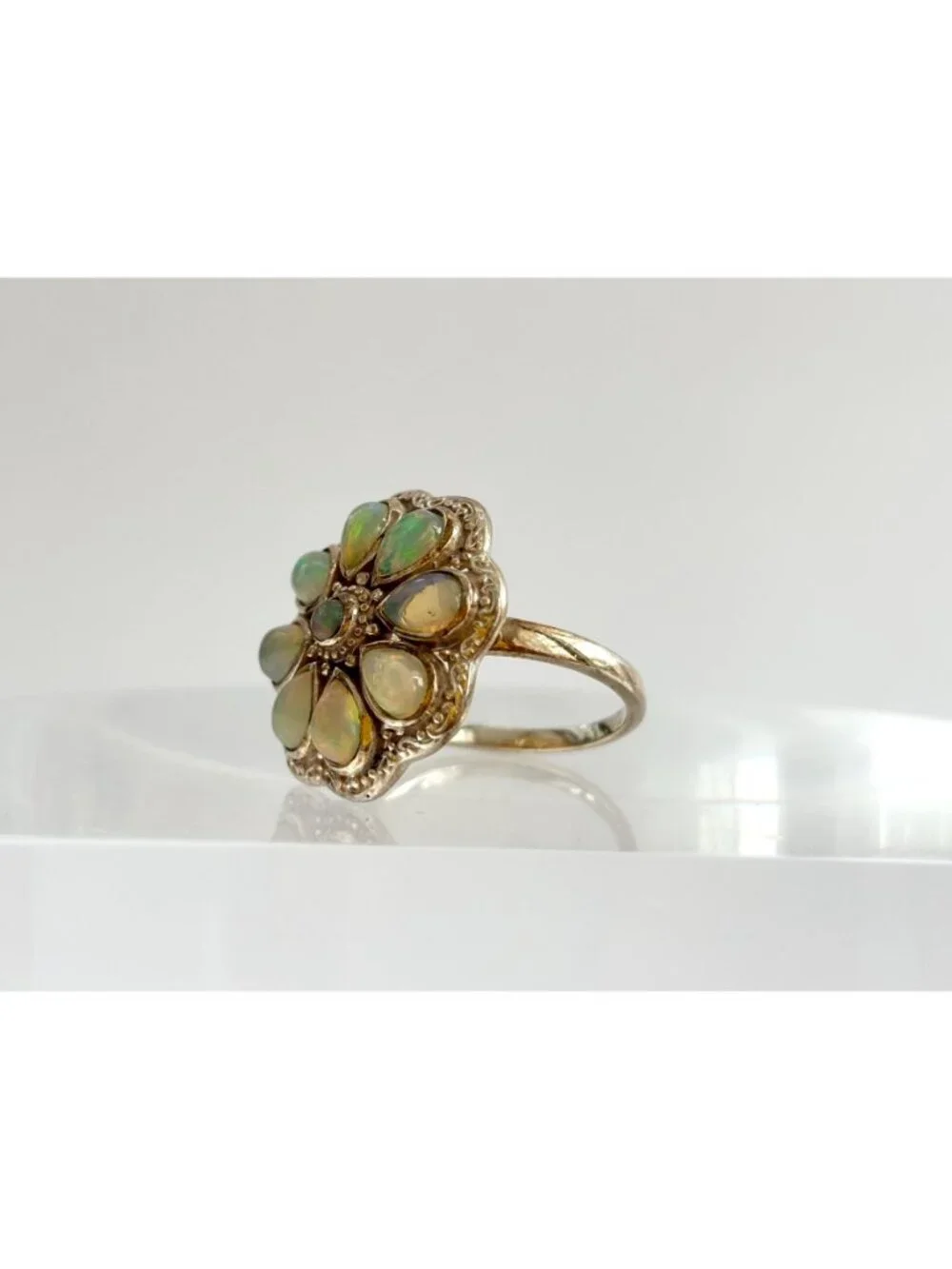 Teardrop Yellow Opal Scalloped Floral Sterling Silver 925 Vintage Ring - sz 8